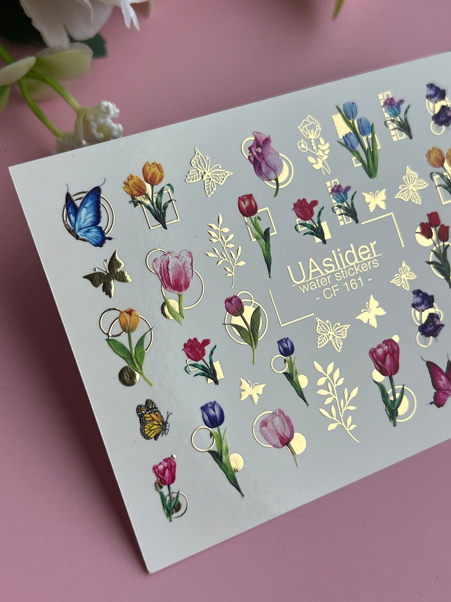 UA Slider 2D Nail Decal Spring Gold Foil Nail Water Decal / Tulips / Flowers / Spring Nails