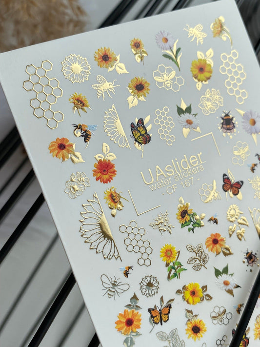 UA Slider 2D Nail Decal Spring Gold Foil Nail Water Decal / Sunflower / Bees / Honeycomb / Butterfly Nails