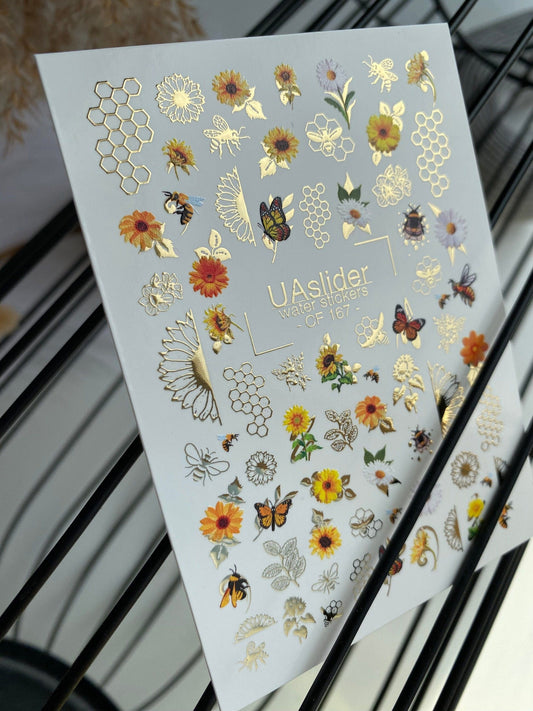 UA Slider 2D Nail Decal Spring Gold Foil Nail Water Decal / Sunflower / Bees / Honeycomb / Butterfly Nails