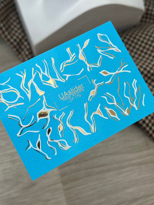 UA Slider 2D Nail Decal CF-179 Nail Decal Gold FOIL/ Abstract /Flowing/ Botanical Shapes with Gold Foil Accents/ Modern Minimalist
