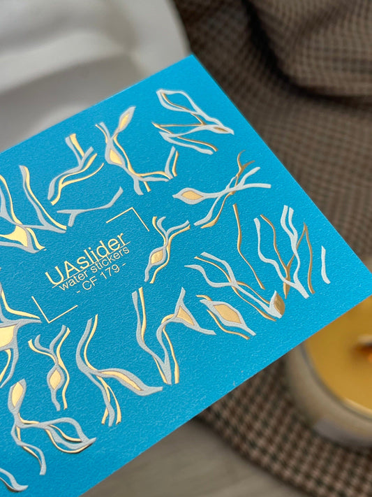 UA Slider 2D Nail Decal CF-179 Nail Decal Gold FOIL/ Abstract /Flowing/ Botanical Shapes with Gold Foil Accents/ Modern Minimalist