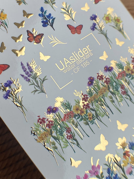 UA Slider 2D Nail Decal 2D Gold Foil Nail Water Decal / Floral / Butterflies / Foliage / Spring Nails
