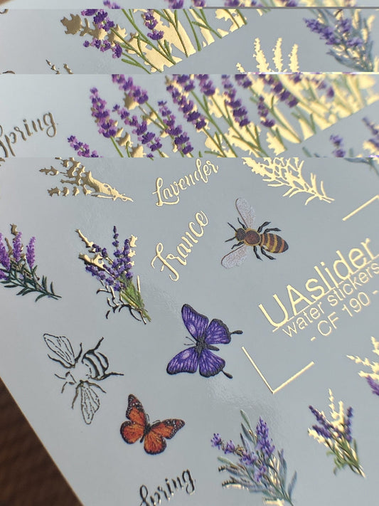 UA Slider 2D Nail Decal Spring Gold Foil Nail Water Decal / Butterflies / Lavender / Floral Spring Nails