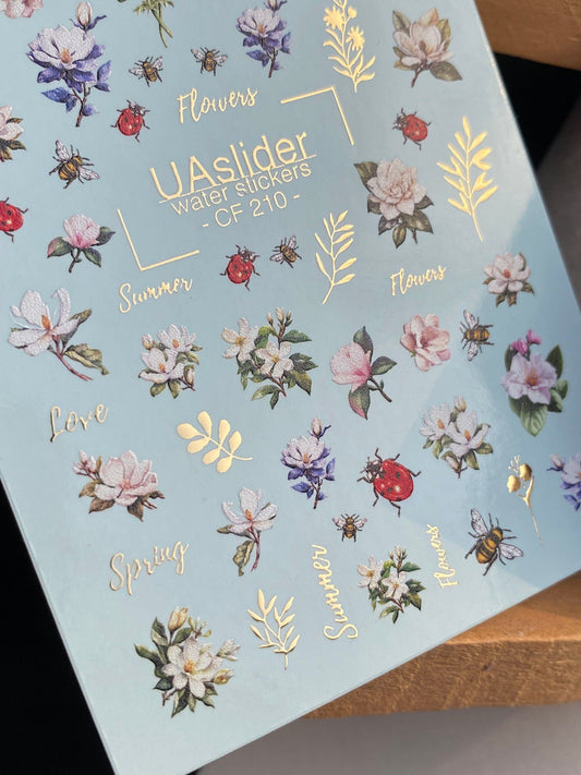 UA Slider 2D Nail Decal Spring Gold Foil Nail Water Decal / Flowers / Ladybug / Spring Nails