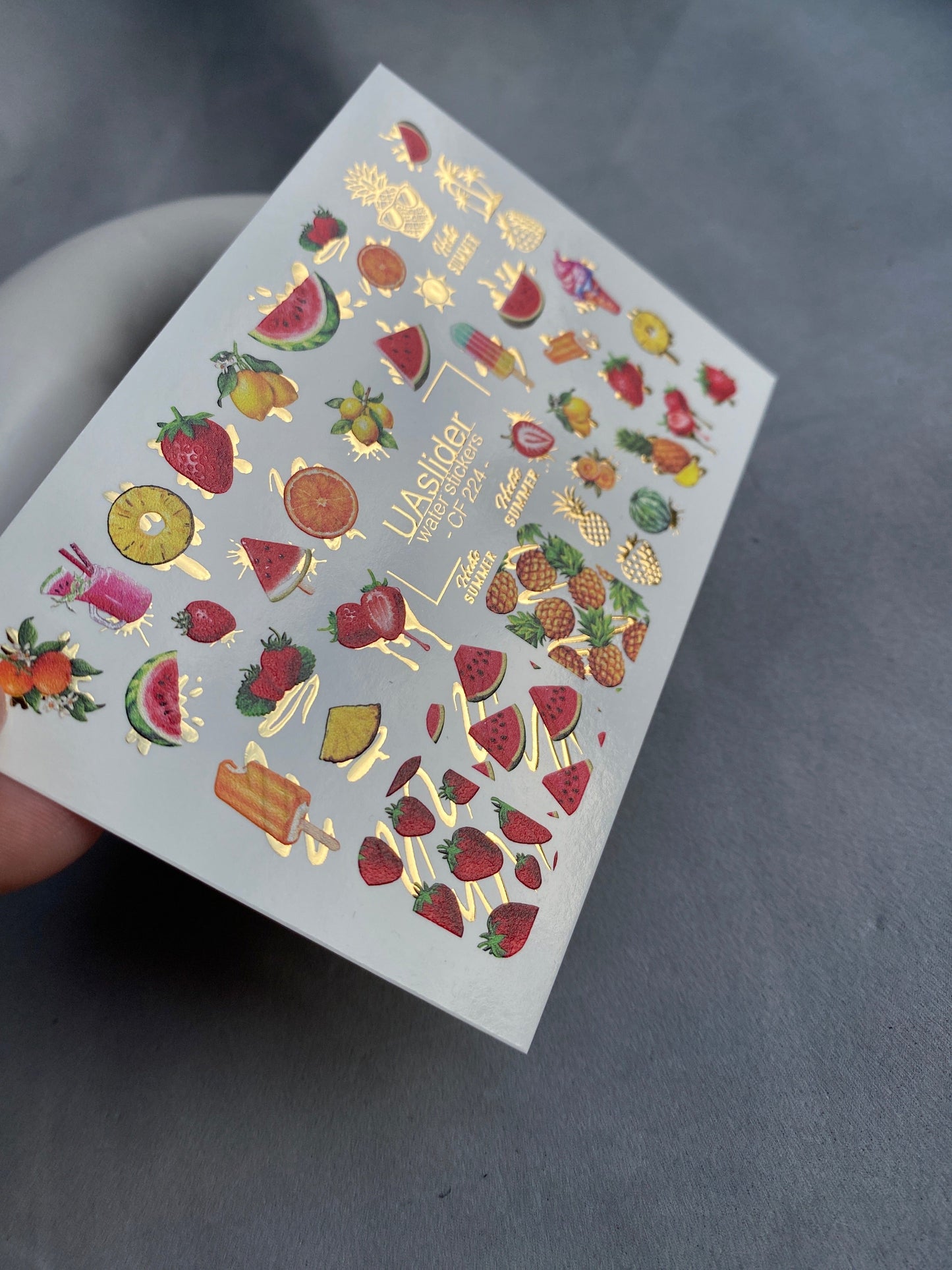 UA Slider 2D Nail Decal Gold Foil Nail Water Decal / Fruits / Chocolate Covered Tropical Treats