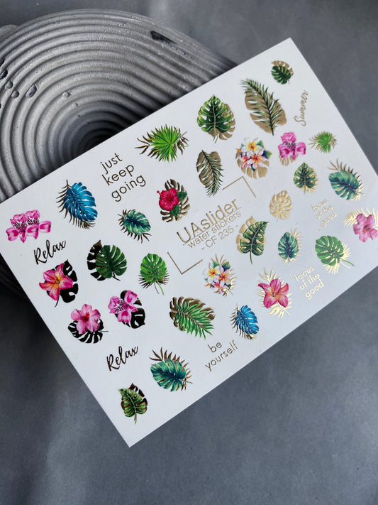 UA Slider 2D Nail Decal Summer Gold FOIL Nail Decal / Palm Tree / Vacation Nails / Tropical Leaves