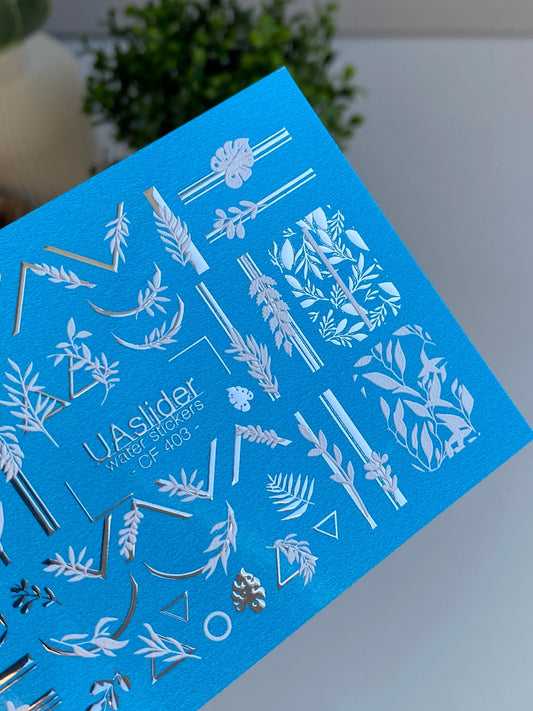 UA Slider 2D Nail Decal CF-403 Nail Decal Gold FOIL/ Tropical/ Botanical/ Leaves/ Gold Geometric Accents/ Water Stickers