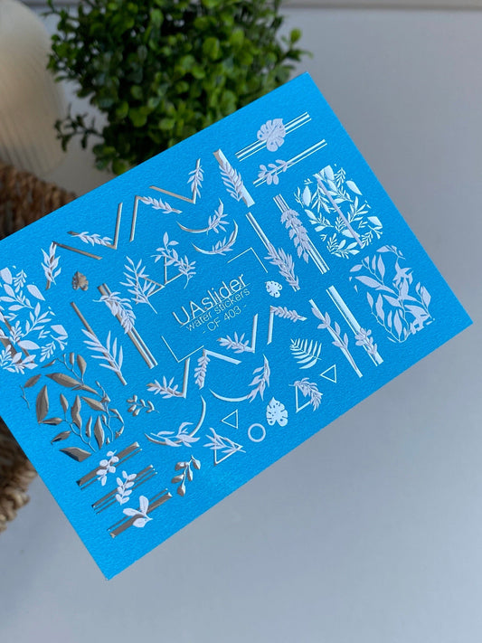UA Slider 2D Nail Decal CF-403 Nail Decal Gold FOIL/ Tropical/ Botanical/ Leaves/ Gold Geometric Accents/ Water Stickers