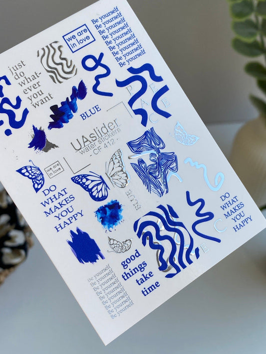 UA Slider 2D Nail Decal CF-412 Nail Decal FOIL/ Abstract/ Blue Brush/ Stroke/ Butterflies/ Inspirational Nail Art