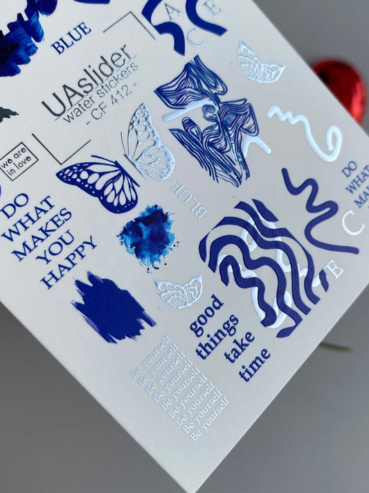 UA Slider 2D Nail Decal CF-412 Nail Decal FOIL/ Abstract/ Blue Brush/ Stroke/ Butterflies/ Inspirational Nail Art