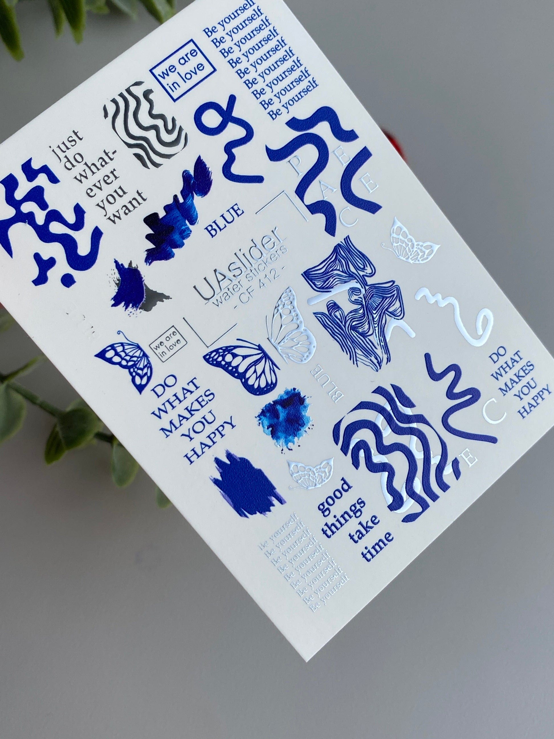 UA Slider 2D Nail Decal CF-412 Nail Decal FOIL/ Abstract/ Blue Brush/ Stroke/ Butterflies/ Inspirational Nail Art