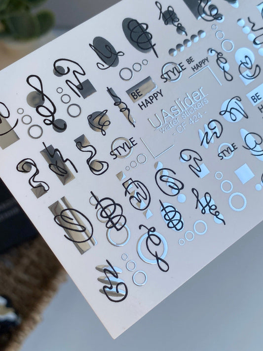 UA Slider 2D Nail Decal CF-420 Nail Decal Silver FOIL/ Abstract /Scribble Line Art /Silver Accents/ Modern Luxury