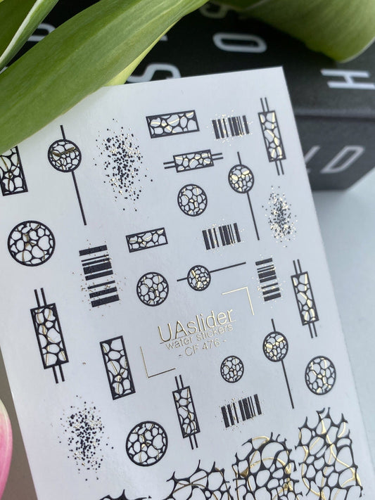 UA Slider 2D Nail Decal Nail Decal Gold FOIL/ Modern /Abstract / Geometric/ Circular/ Rectangular/ Scattered dot designs