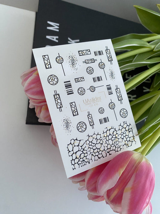 UA Slider 2D Nail Decal Nail Decal Gold FOIL/ Modern /Abstract / Geometric/ Circular/ Rectangular/ Scattered dot designs