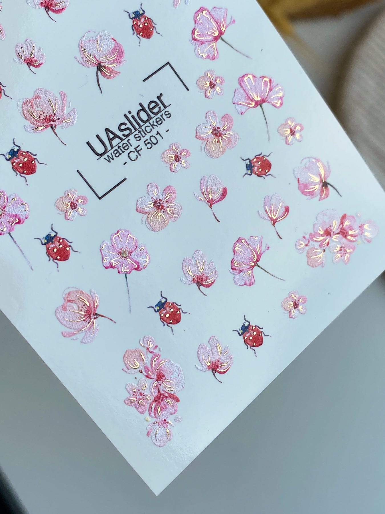 UA Slider 2D Nail Decal Spring Gold Foil Nail Water Decal / Flowers / Ladybug / Spring Nails