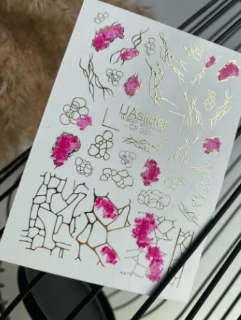 UA Slider 2D Nail Decal CF-033 Nail Water Decal Gold FOIL/ Watercolor Pink Florals/ Abstract Shapes/ Gold Foil Line Art