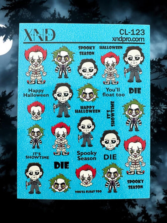 XND Products 2D Nail Decal CL-123 Nail Decal / Halloween / Beetlejuice / It Pennywise / Michael Myers