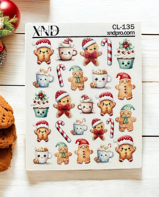 XND Products 2D Nail Decal CL-135 / Nail Decal 2D /Christmas Nails / Gingerbread cookies /kawaii Nails