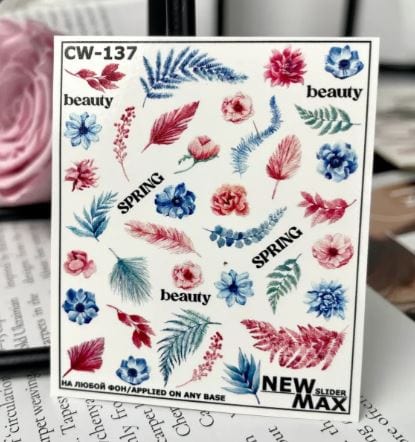 New Max 2D Nail Decal CW-137 / Nail Water Decal/ Botanical Flowers/ Leaves & Feathers Nail Art Water Stickers.
