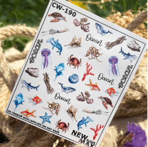 New Max 2D Nail Decal CW-190 / Nail Decal 2D/ Sea Animals/ Beach Nails/ Ocean / Summer Nails