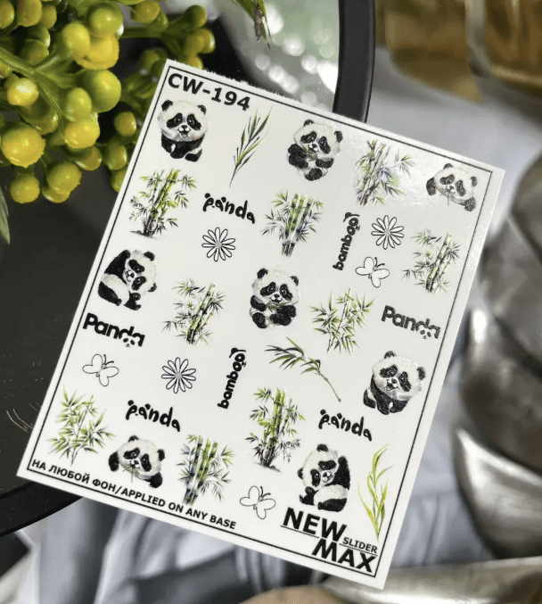 New Max 2D Nail Decal CW-194 / Nail Water Decal – Panda Bear Nail Art Water Stickers, Bamboo, Flowers & Cute Animal Nature Nail Designs