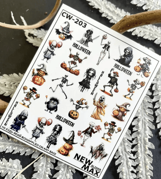 New Max 2D Nail Decal CW-203 / Nail Water Decal – Halloween, Skeletons, Pumpkins, Ghosts, Witches, Spooky Nail Designs.