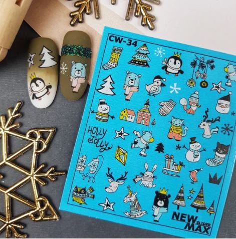 New Max 2D Nail Decal CW-34 /Nail Water Decal / Winter Holiday Animals/ Cute Christmas Nail Art Stickers/ Penguins/ Reindeer/ Hot Cocoa/ Snowflakes