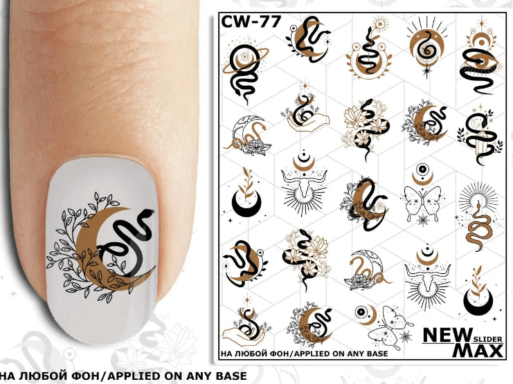 New Max 2D Nail Decal CW-77 Nail Decal 2D/Snakes/ Mystic/Gothic Nails/ Moon/