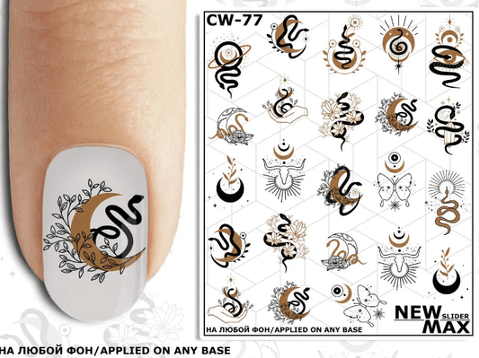 New Max 2D Nail Decal CW-77 Nail Decal 2D/Snakes/ Mystic/Gothic Nails/ Moon/