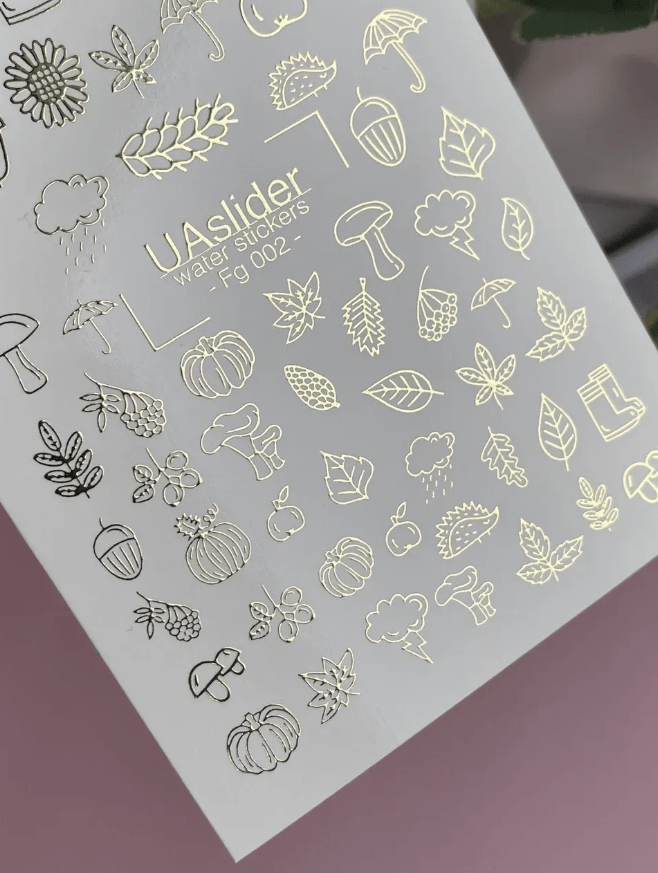 UA Slider 2D Nail Decal FG-002 Fall Nail Water Decals, Pumpkins, Mushrooms, Maple Leaves ,Gold Autumn Nail Water Transfers