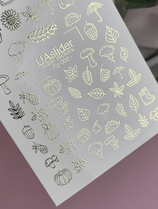 UA Slider 2D Nail Decal FG-002 Fall Nail Water Decals, Pumpkins, Mushrooms, Maple Leaves ,Gold Autumn Nail Water Transfers