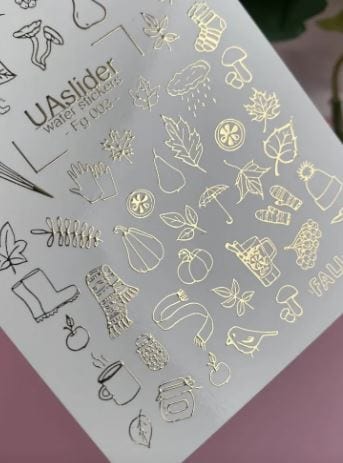 UA Slider 2D Nail Decal FG-003 Gold Foil Nail Water Decal /Minimalist /Autumn/Elegant/ Leaves/ Pumpkins