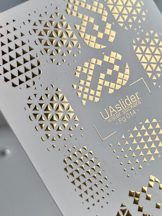 UA Slider 2D Nail Decal FG-014 Gold Foil Nail Water Decals / Geometric/ Gold Nail Water Decals/ Triangle Patterned /Full Coverage / Modern/ Luxury/ Nail Art/ Water Stickers/ Summer  Nails/ (Copy)