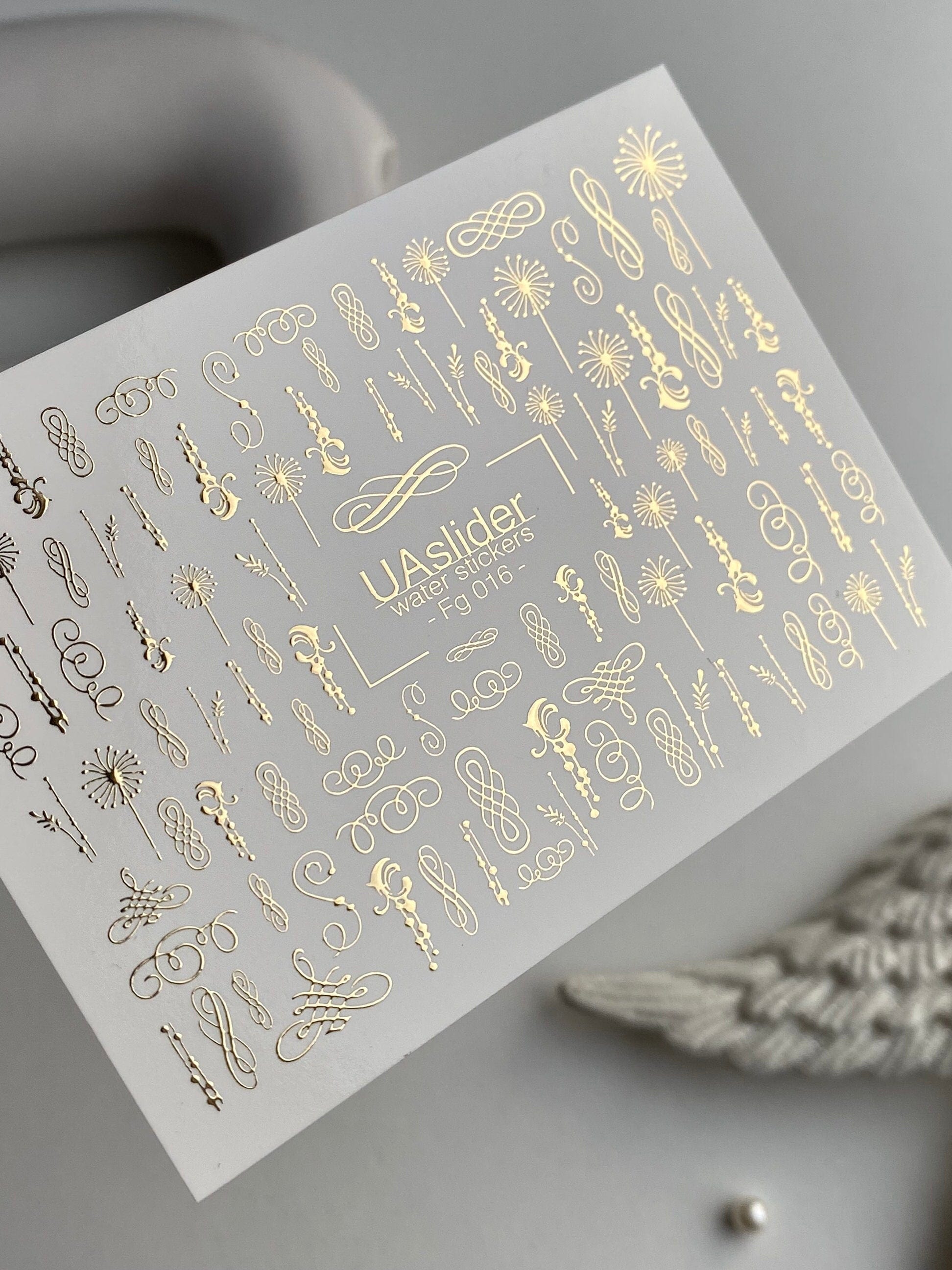 UA Slider 2D Nail Decal FG-016 Nail Decal Gold FOIL/ Ornamental/ Gold Swirls / Flourishes/ Elegant/ Botanical Accents for Luxury Bridal & Classic Nail Art