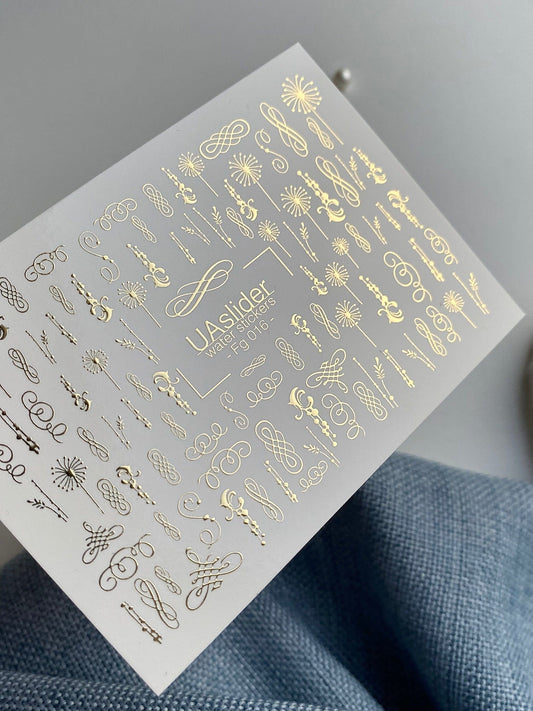 UA Slider 2D Nail Decal FG-016 Nail Decal Gold FOIL/ Ornamental/ Gold Swirls / Flourishes/ Elegant/ Botanical Accents for Luxury Bridal & Classic Nail Art