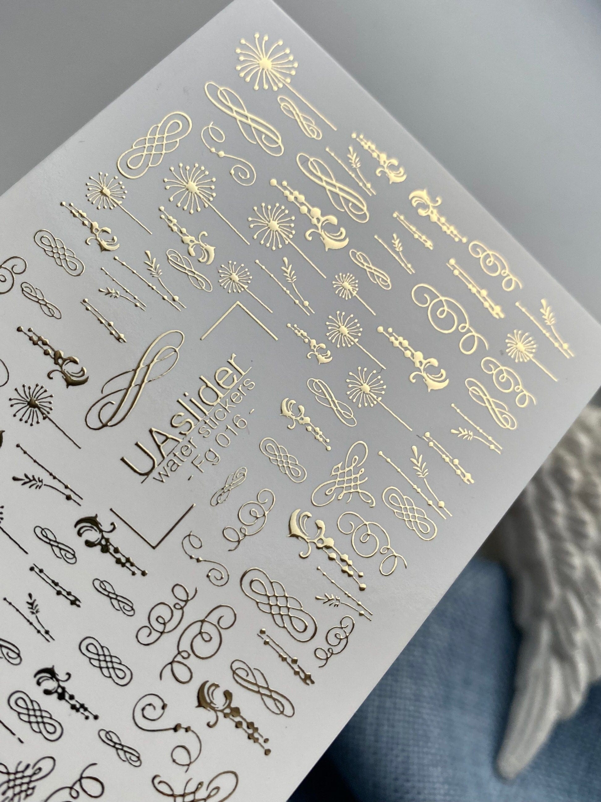 UA Slider 2D Nail Decal FG-016 Nail Decal Gold FOIL/ Ornamental/ Gold Swirls / Flourishes/ Elegant/ Botanical Accents for Luxury Bridal & Classic Nail Art