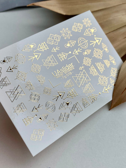 UA Slider 2D Nail Decal FG-019 Nail Decal Gold FOIL/ Gold Geometric Arrows /Sacred Shapes/ Abstract/ Modern/ Nail Art/ Nail Water Decals