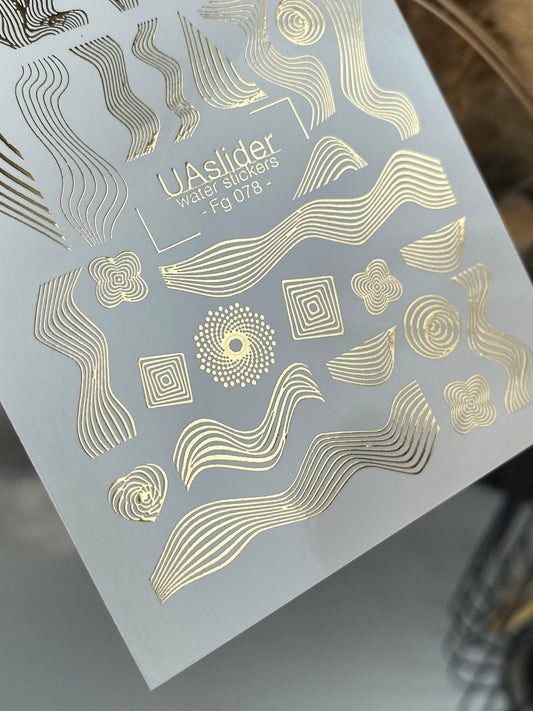 UA Slider 2D Nail Decal FG-078 Nail Decal Gold FOIL/ Wavy / Line Art / Optical Patterns / Nail Art / Water Nail Decals