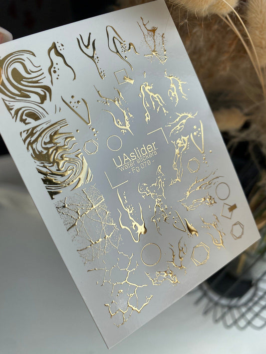 UA Slider 2D Nail Decal FG-079 Nail Decal Gold FOIL/ Abstract Drip/ Marble/ Crackle Art / Nail Art/ Nail Water Decals