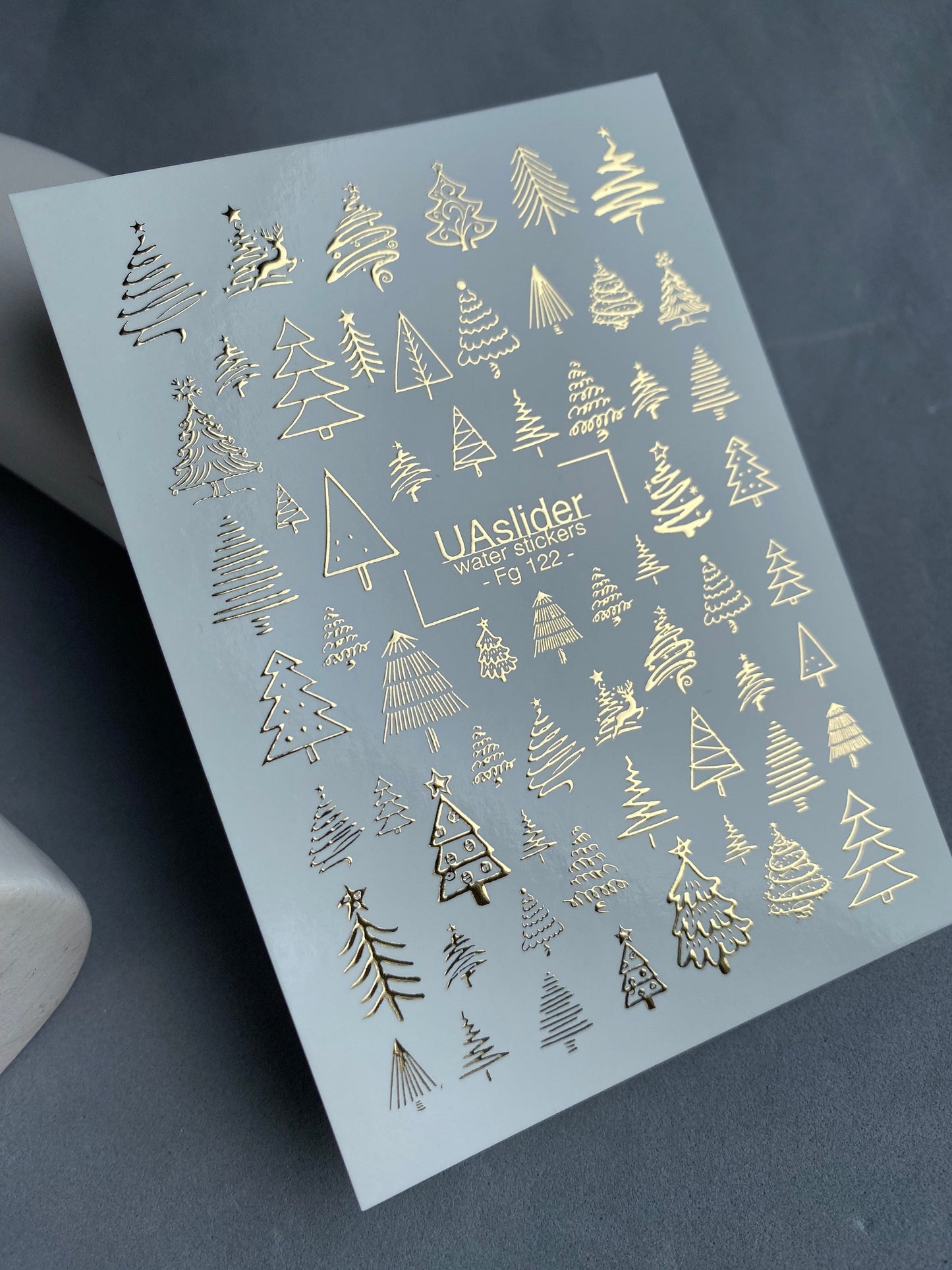 UA Slider 2D Nail Decal FG-122 Gold Christmas Tree Water Decals , Minimal Holiday Tree Nail Art