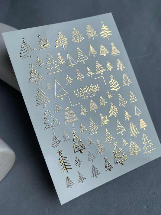 UA Slider 2D Nail Decal FG-122 Gold Christmas Tree Water Decals , Minimal Holiday Tree Nail Art