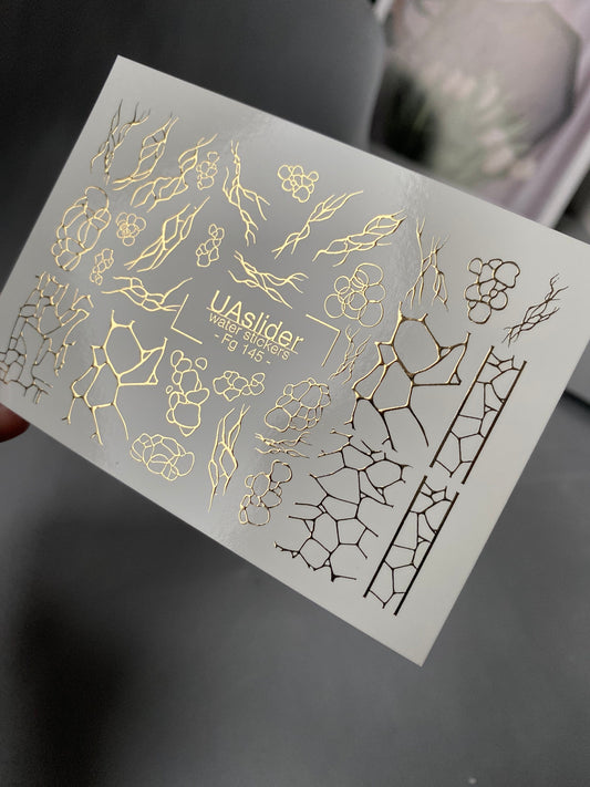UA Slider 2D Nail Decal FG-145 Nail Decal Gold FOIL/ Abstract / Bubble Crack/ Nail Art/ Nail Water Decals