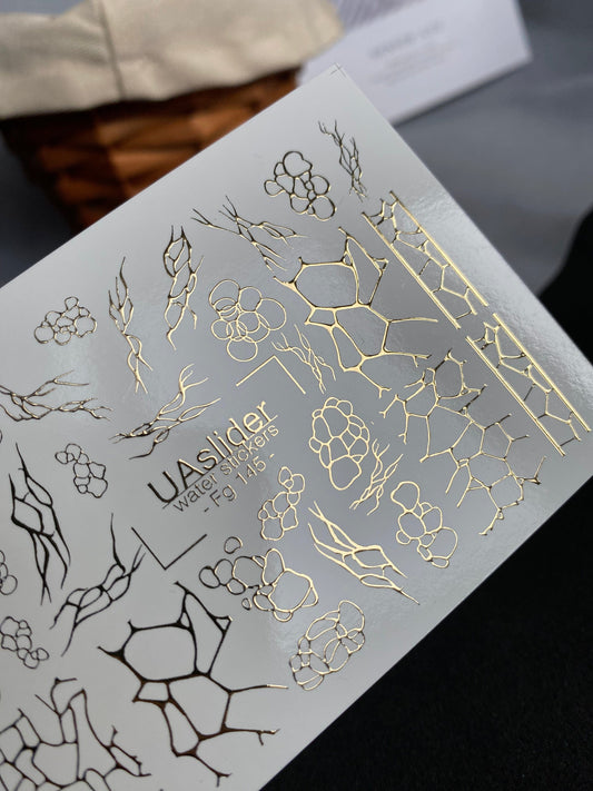 UA Slider 2D Nail Decal FG-145 Nail Decal Gold FOIL/ Abstract / Bubble Crack/ Nail Art/ Nail Water Decals