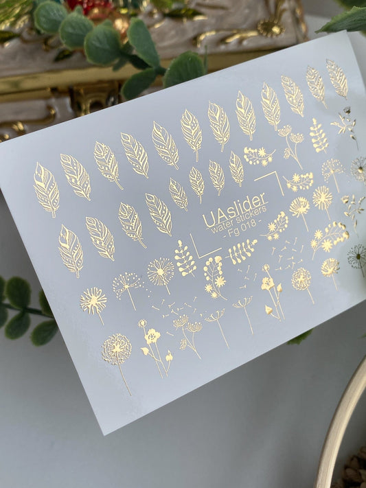 UA Slider 2D Nail Decal Gold Foil Nail Water Decal / Leaves / Dandelion Flower