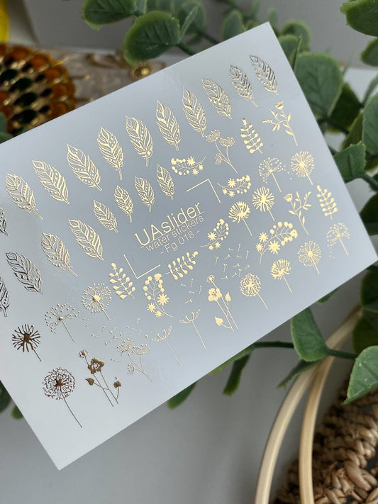 UA Slider 2D Nail Decal Gold Foil Nail Water Decal / Leaves / Dandelion Flower