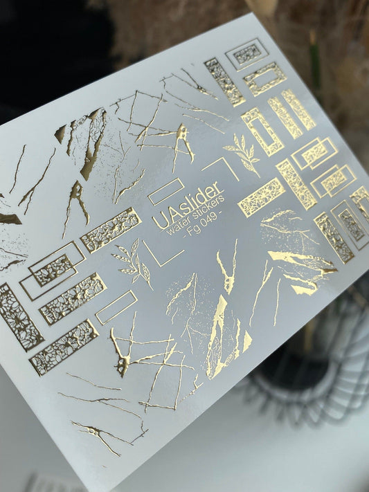 UA Slider 2D Nail Decal FG-049 Nail Decal Gold FOIL/ Gold Botanical Rectangle Frames/ Lace-Inspired /Abstract Crackle/ Nail Art