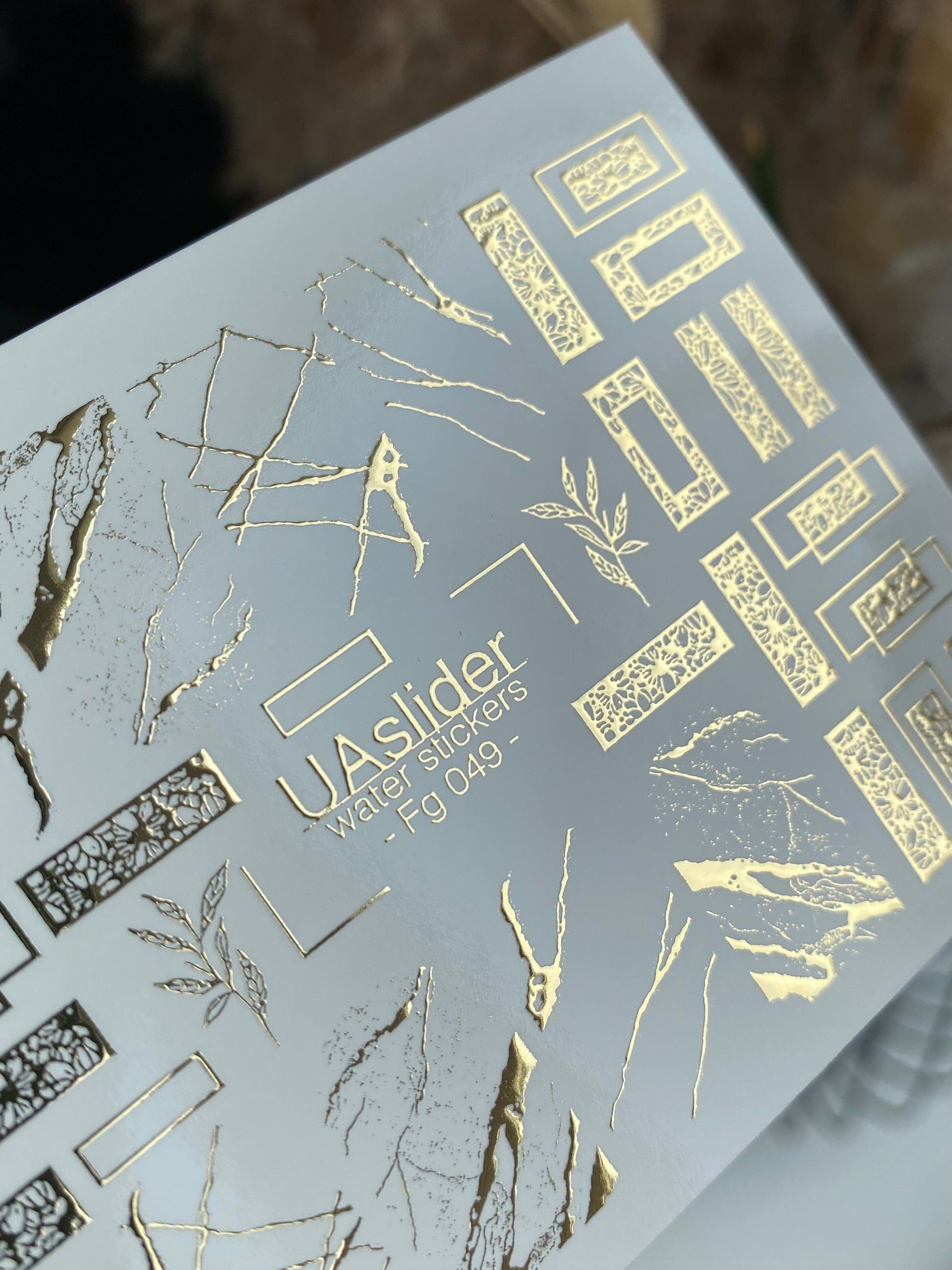 UA Slider 2D Nail Decal FG-049 Nail Decal Gold FOIL/ Gold Botanical Rectangle Frames/ Lace-Inspired /Abstract Crackle/ Nail Art