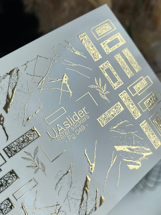 UA Slider 2D Nail Decal FG-049 Nail Decal Gold FOIL/ Gold Botanical Rectangle Frames/ Lace-Inspired /Abstract Crackle/ Nail Art