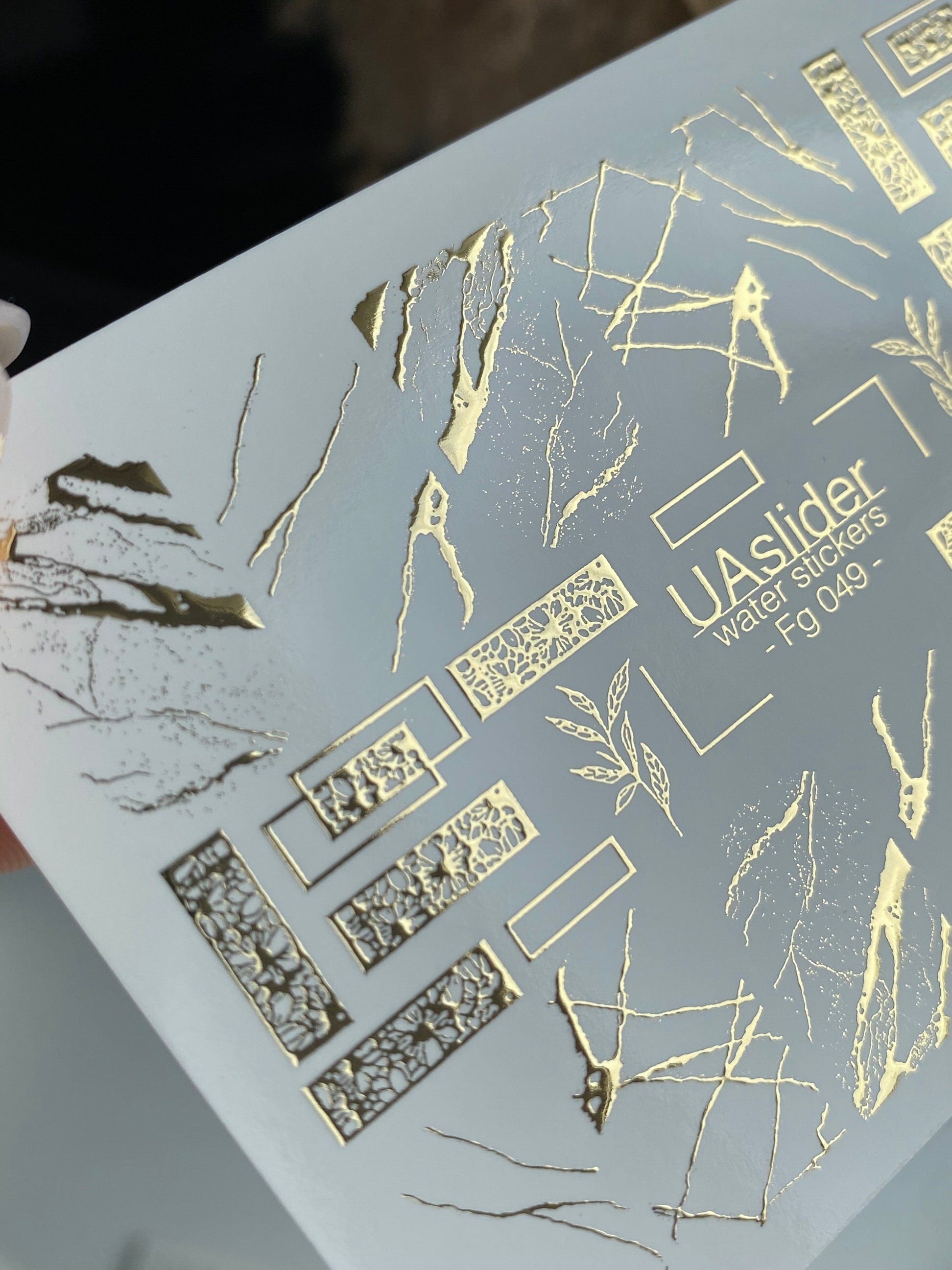 UA Slider 2D Nail Decal FG-049 Nail Decal Gold FOIL/ Gold Botanical Rectangle Frames/ Lace-Inspired /Abstract Crackle/ Nail Art