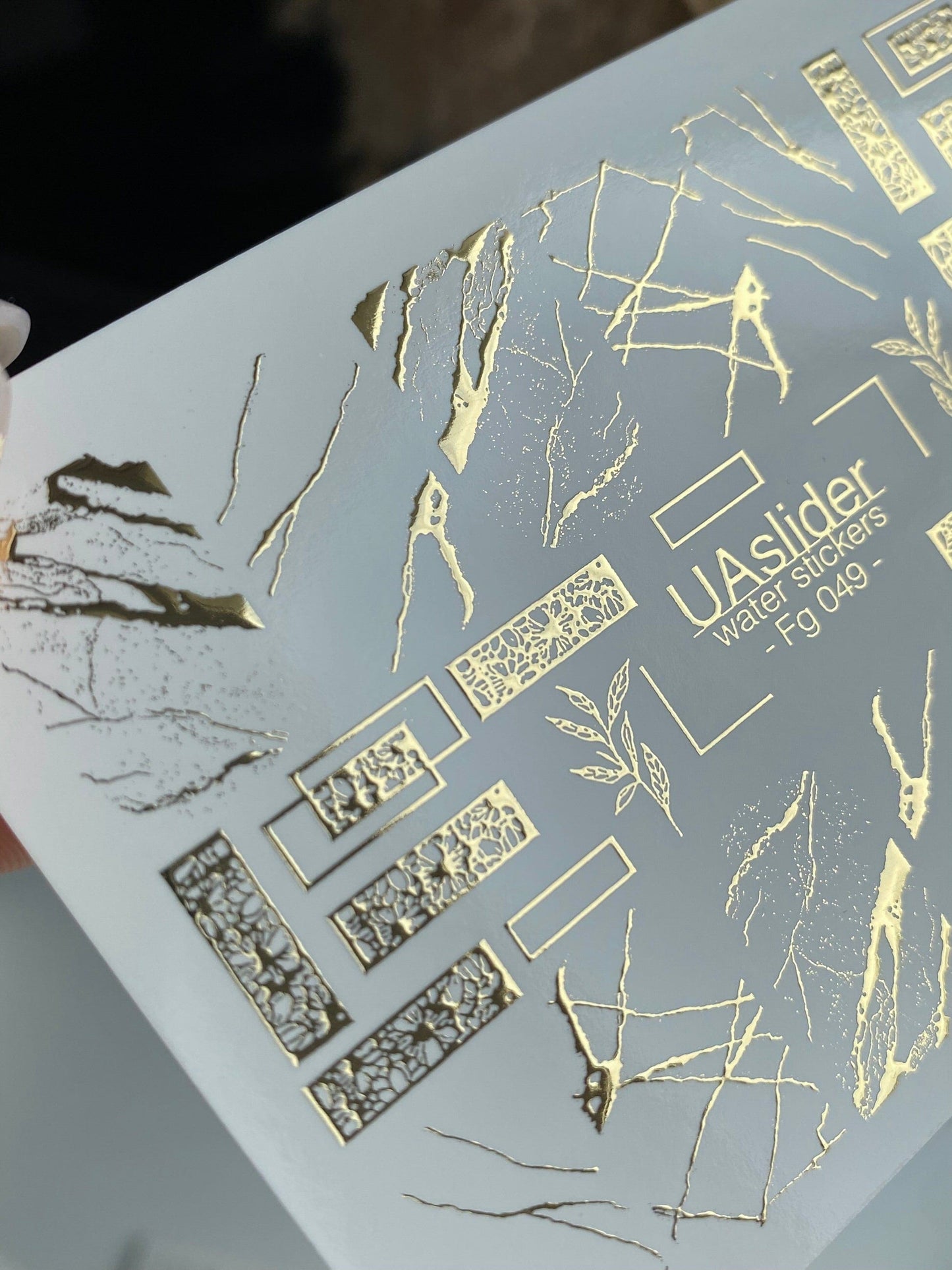 UA Slider 2D Nail Decal FG-049 Nail Decal Gold FOIL/ Gold Botanical Rectangle Frames/ Lace-Inspired /Abstract Crackle/ Nail Art